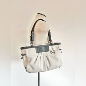 Coach Pleated East West Gallery Leather Tote Bag Gray and White Shoulder Bag